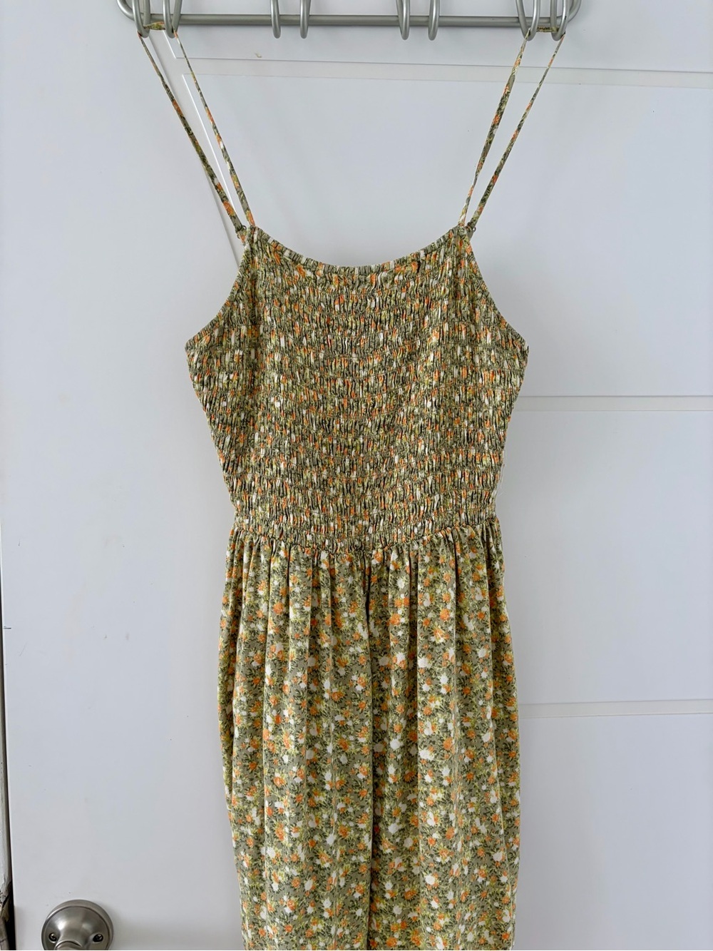 Smocked Floral Mini Dress in Green and Orange